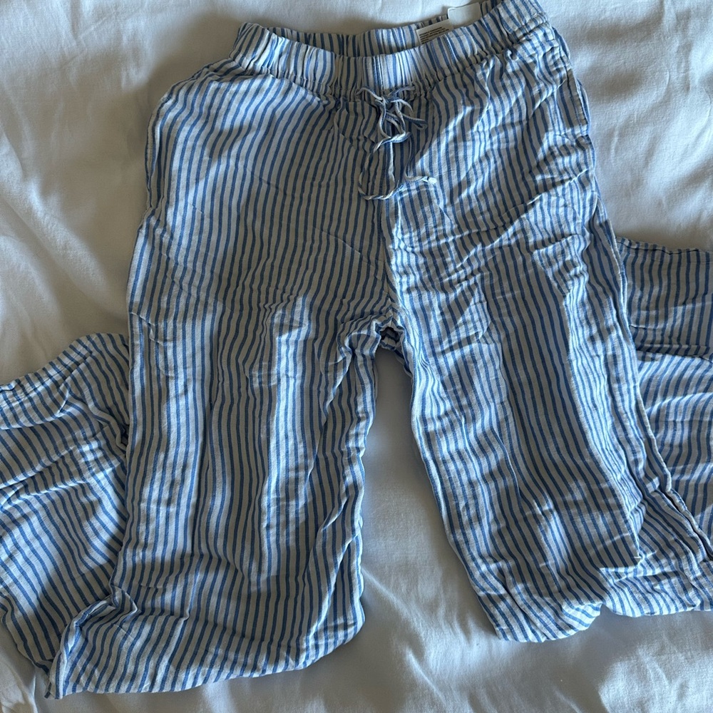 H&M Blue and White Striped Linen Blend Drawstring Pants